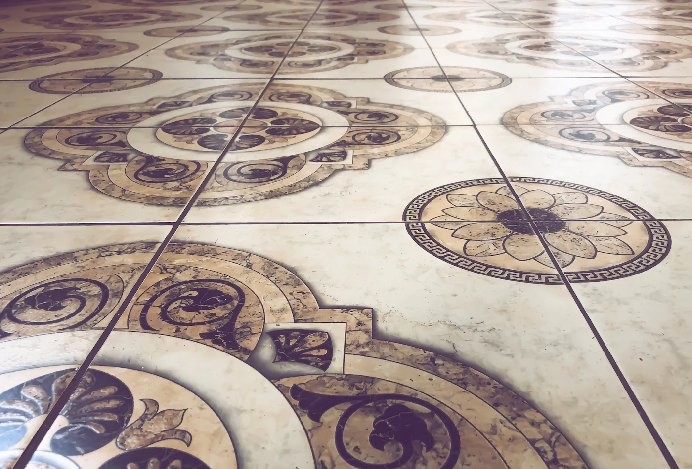 After: polished marble tile floor with inlay